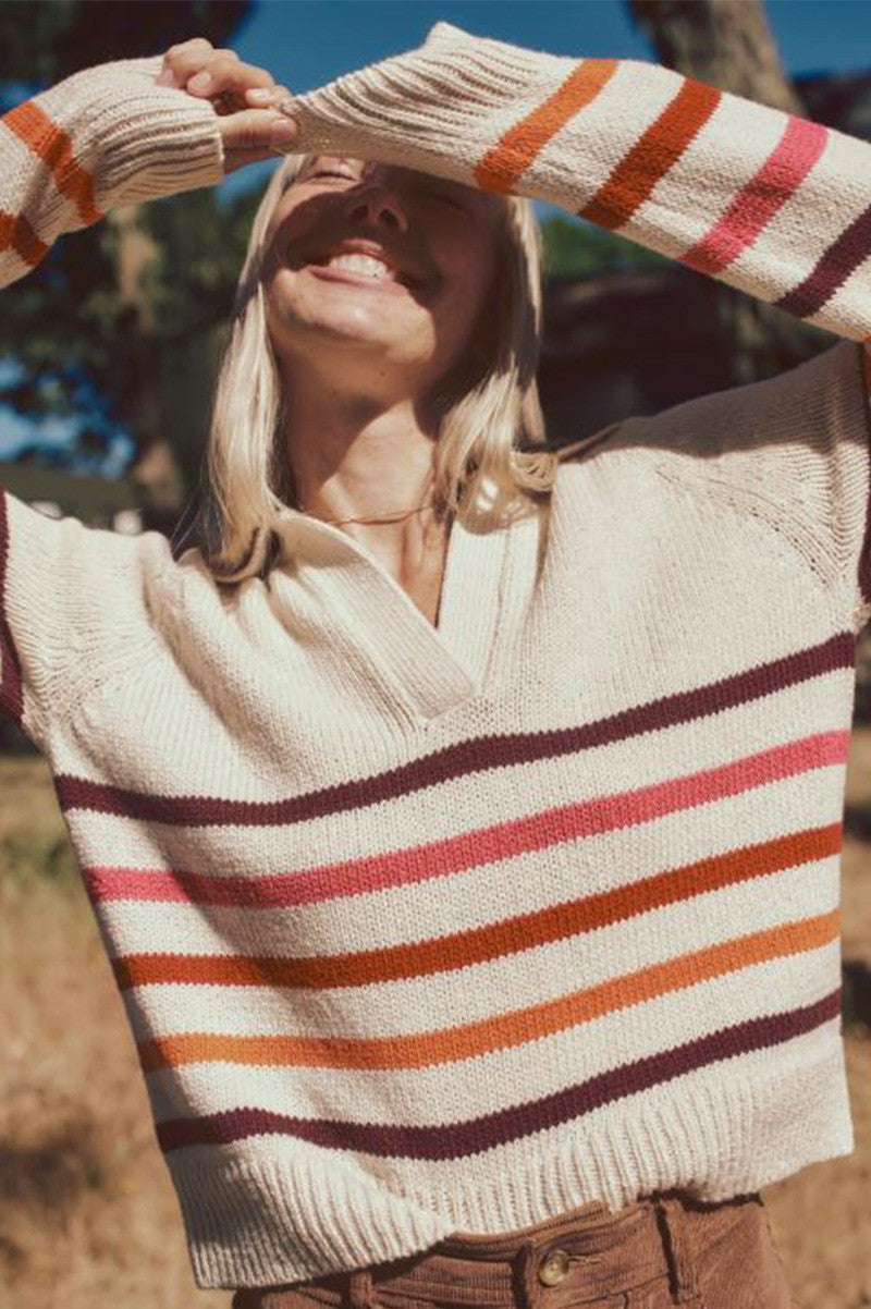 claire relaxed sweater polo in warm stripe front view