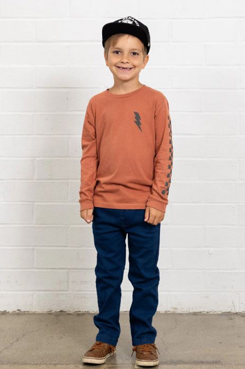 mr dynamite long sleeve tee in brick front view