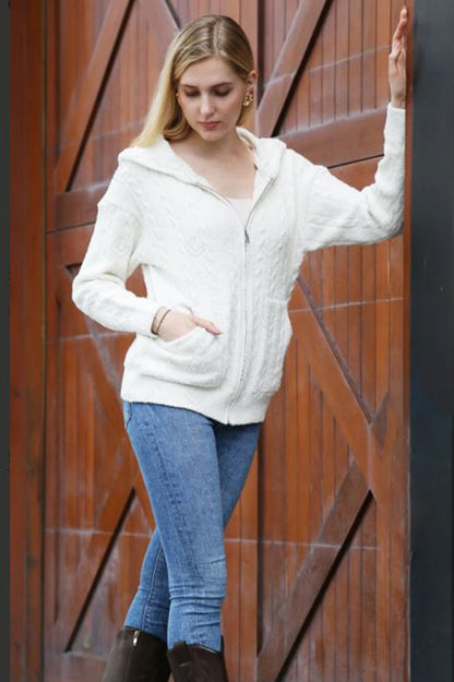 Ribbed hooded sweater with pockets and zipper in ivory front view