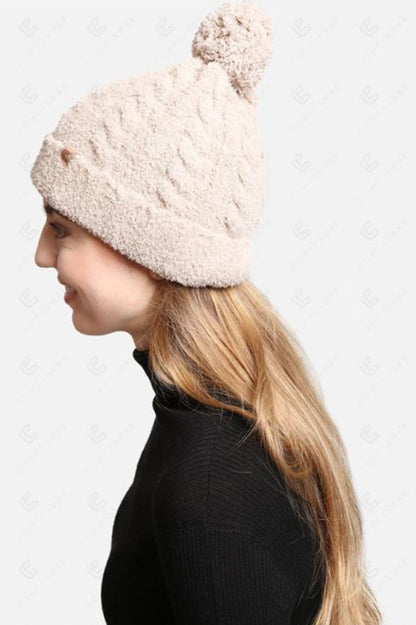 SOFT CABLE KNIT POM-POM BEANIE in pink