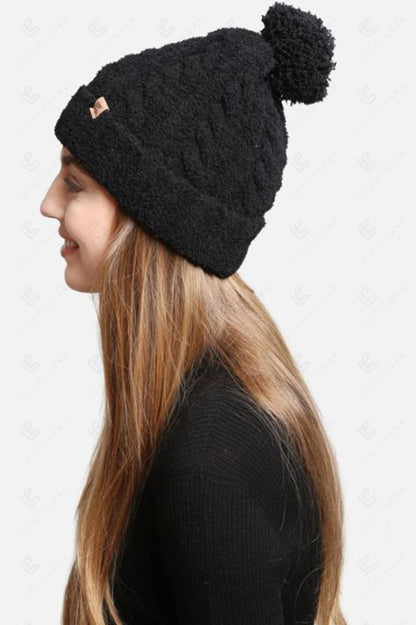 SOFT CABLE KNIT POM-POM BEANIE in black