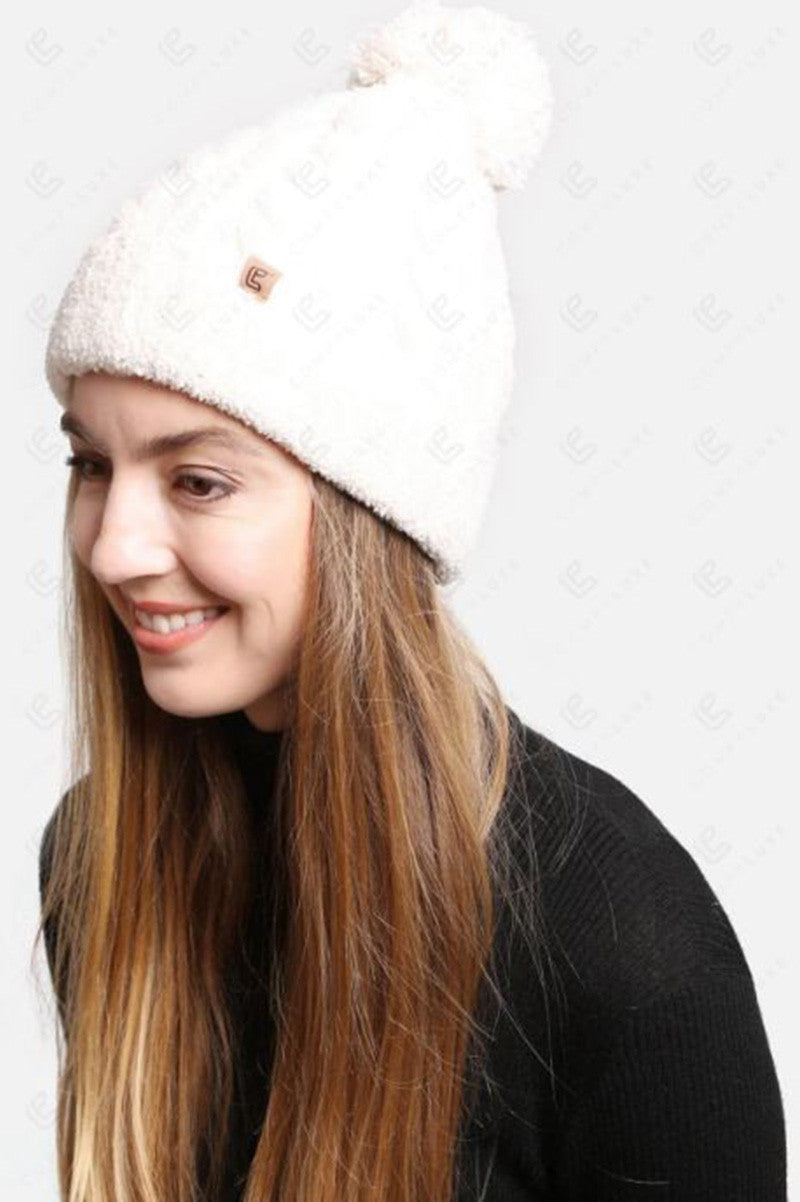 SOFT CABLE KNIT POM-POM BEANIE in ivory