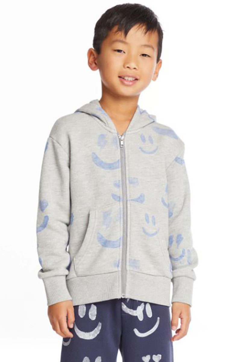 smiles zip up hoodie in heather grey front view