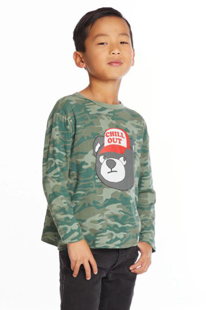 chill out long sleeve crew neck tee in forest camo front view