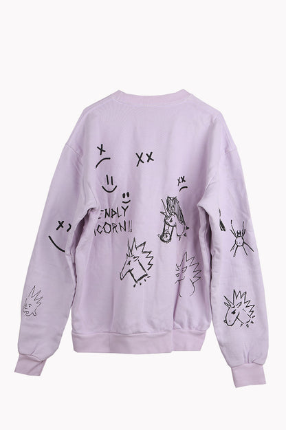 Front unicorn crewneck pullover in purple back view