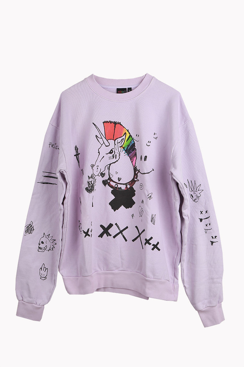 Front unicorn crewneck pullover in purple front view