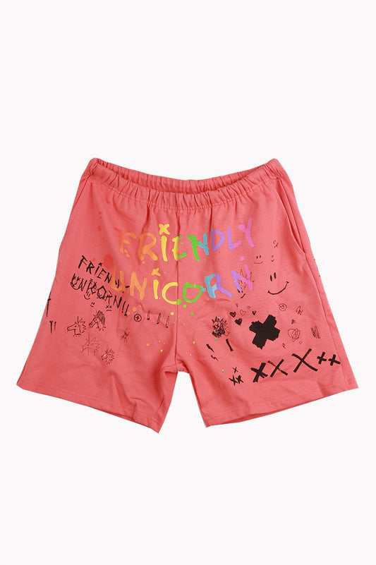 Friendly unicorn print short in pink front view