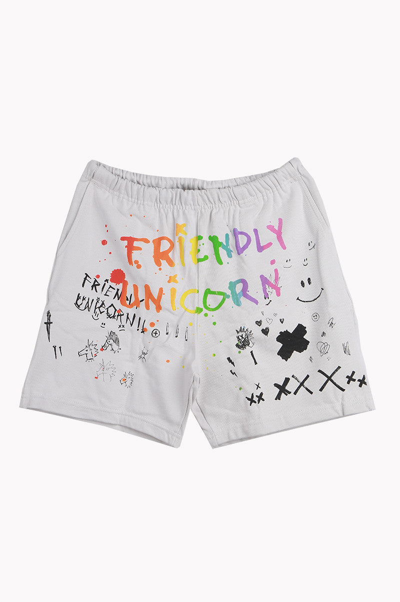 Friendly unicorn front print short in cement front view