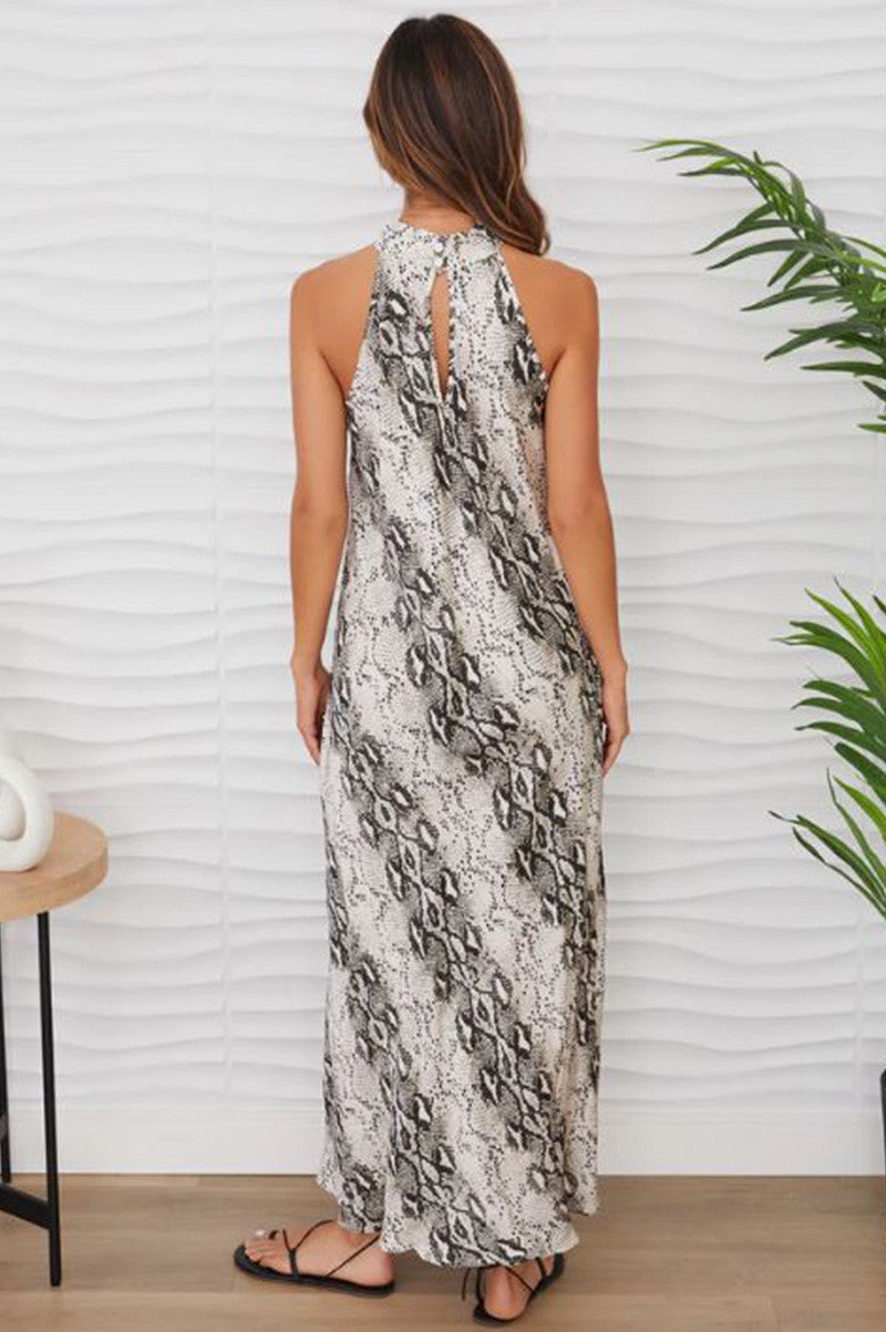 python mock neck maxi dress in beige snake back view