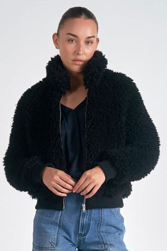 sherpa bomber jacket in black front view