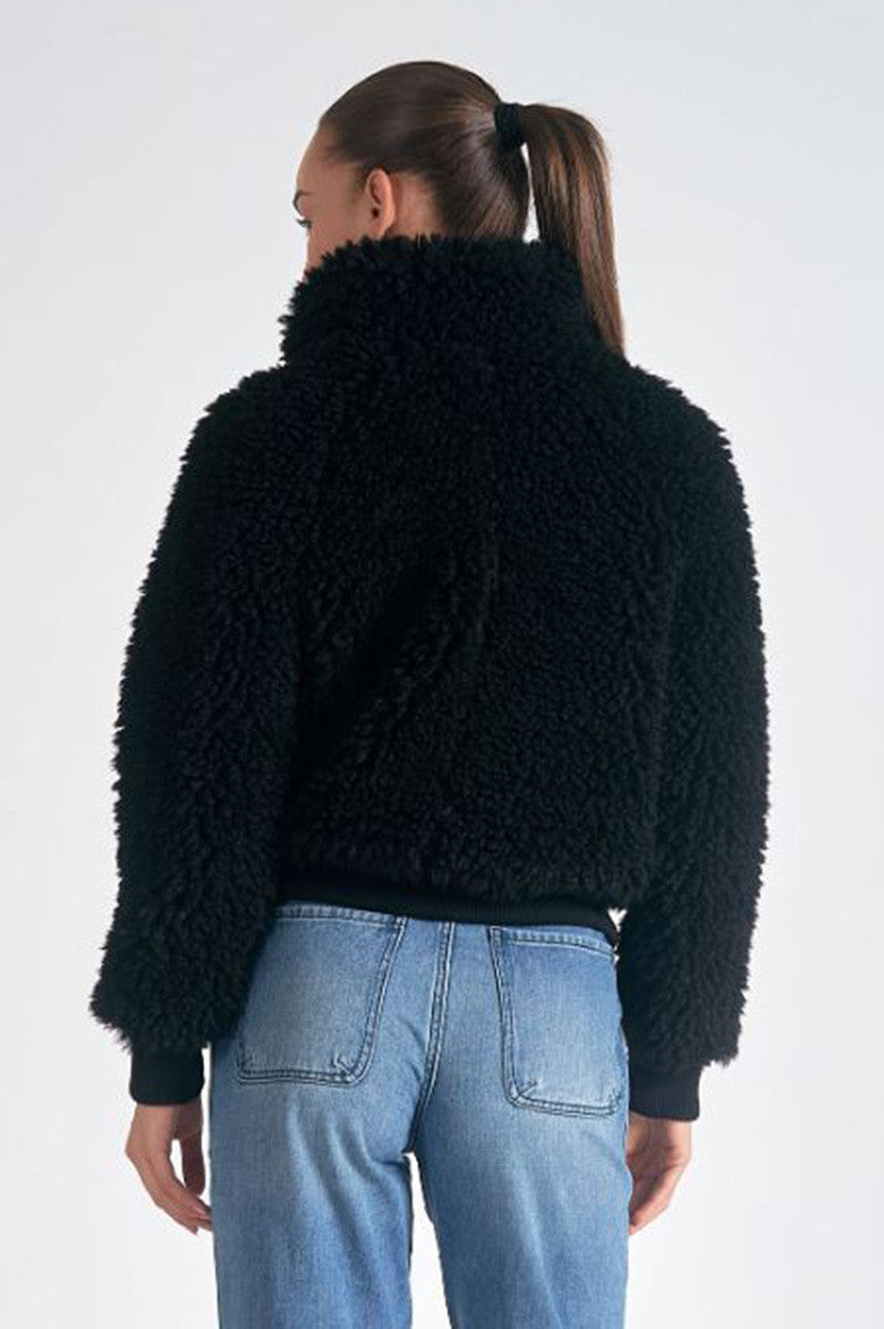 sherpa bomber jacket in black back view