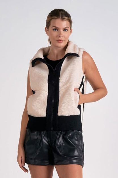 sherpa zip up vest in off white front view