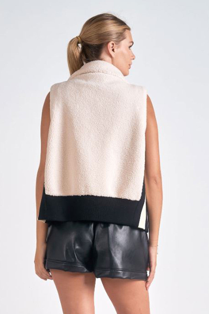 sherpa zip up vest in off white back view