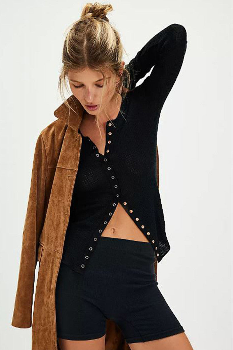 going places cardi in black front view