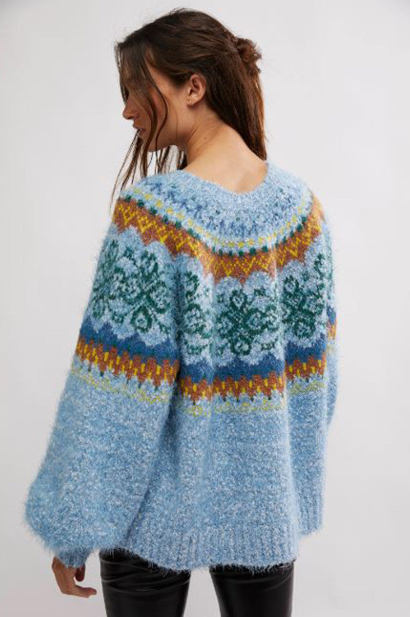 festive frost sweater in ice blue combo back view