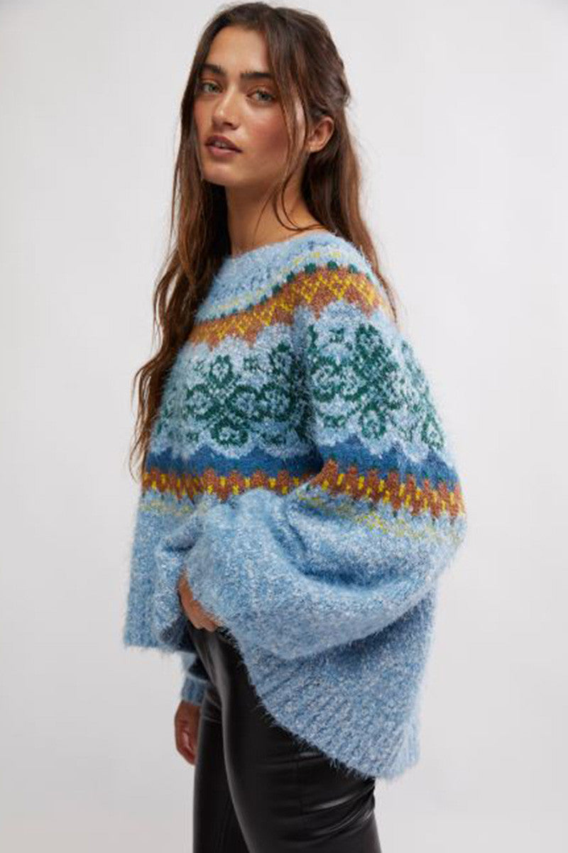 festive frost sweater in ice blue combo side view