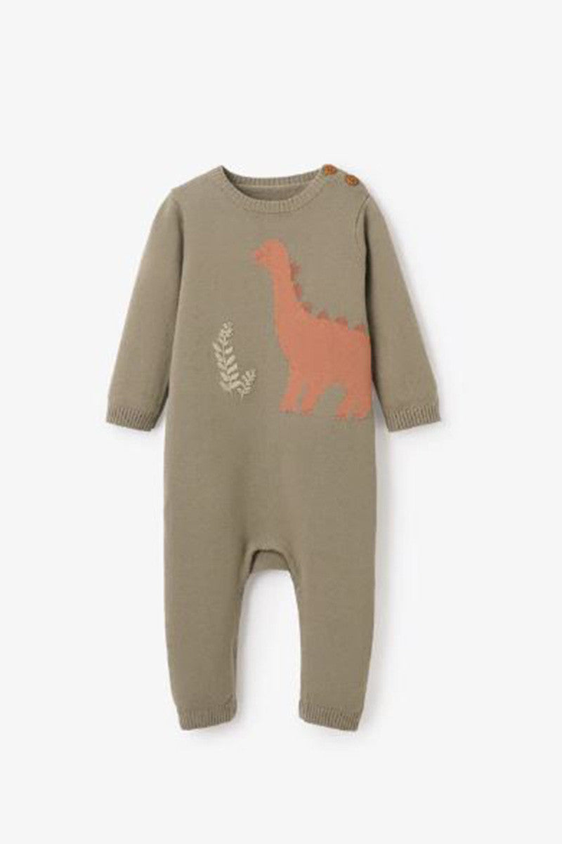 dinosaur knit jumpsuit in olive green front view