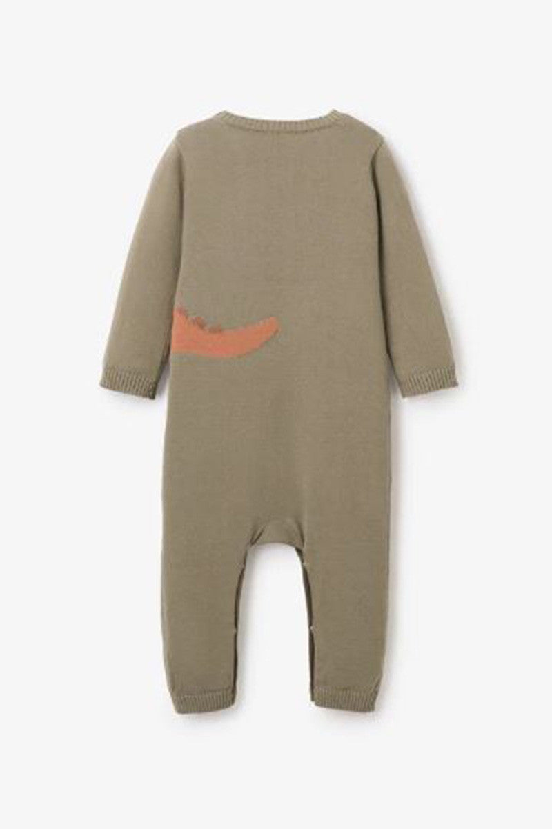 dinosaur knit jumpsuit in olive green back view