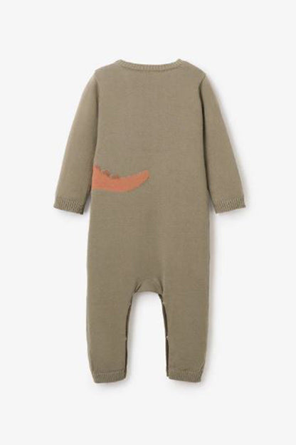 dinosaur knit jumpsuit in olive green back view