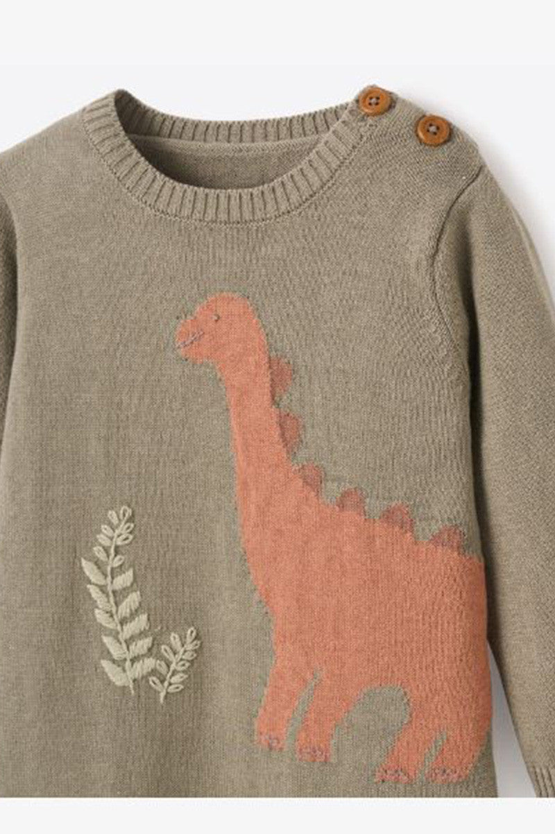 dinosaur knit jumpsuit in olive green detail