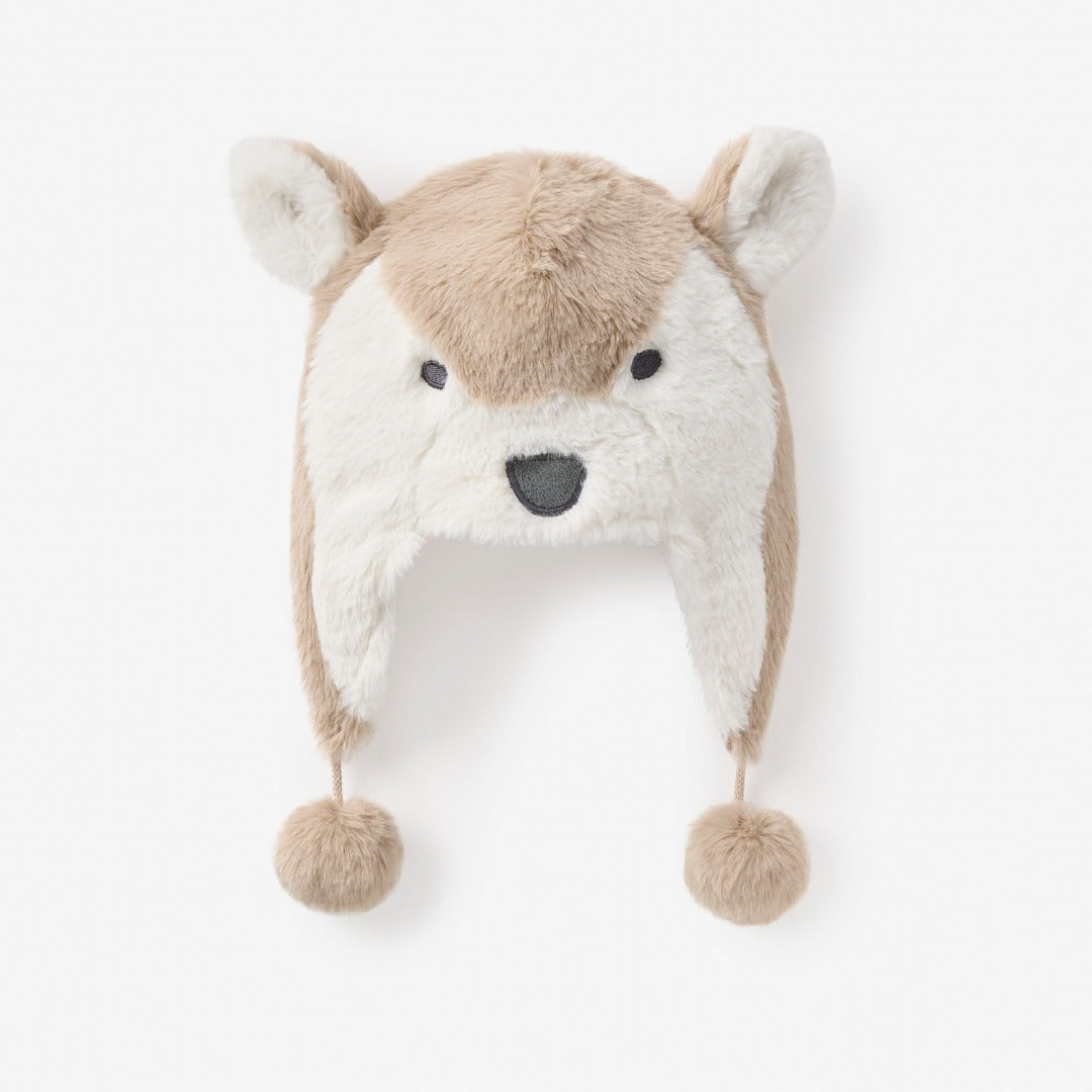 Plush wolf hat with white and brown fur on a white background
