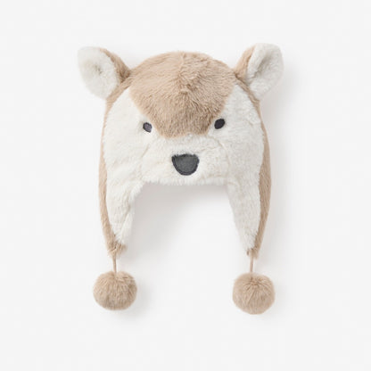 Plush wolf hat with white and brown fur on a white background