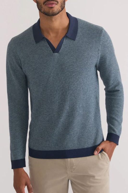 liam long sleeve sweater polo in navy/topaz front view