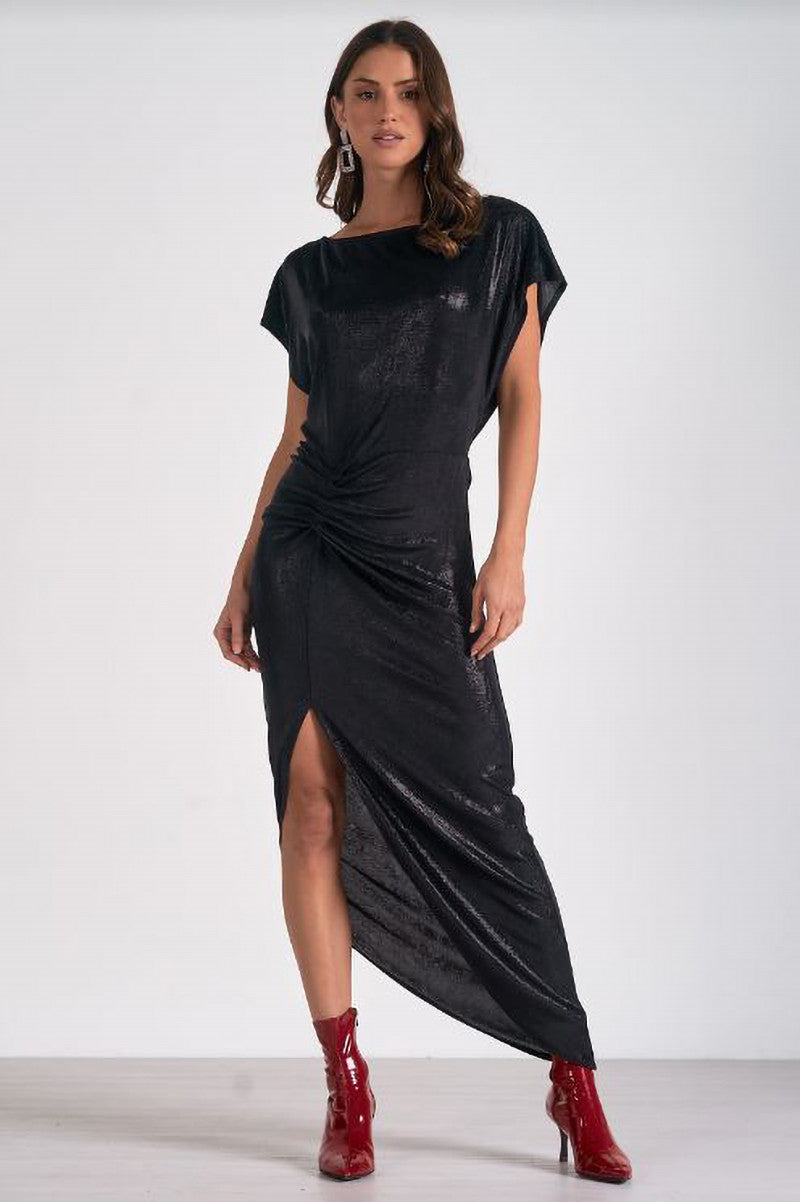 Front slit cap sleeve midi dress in black