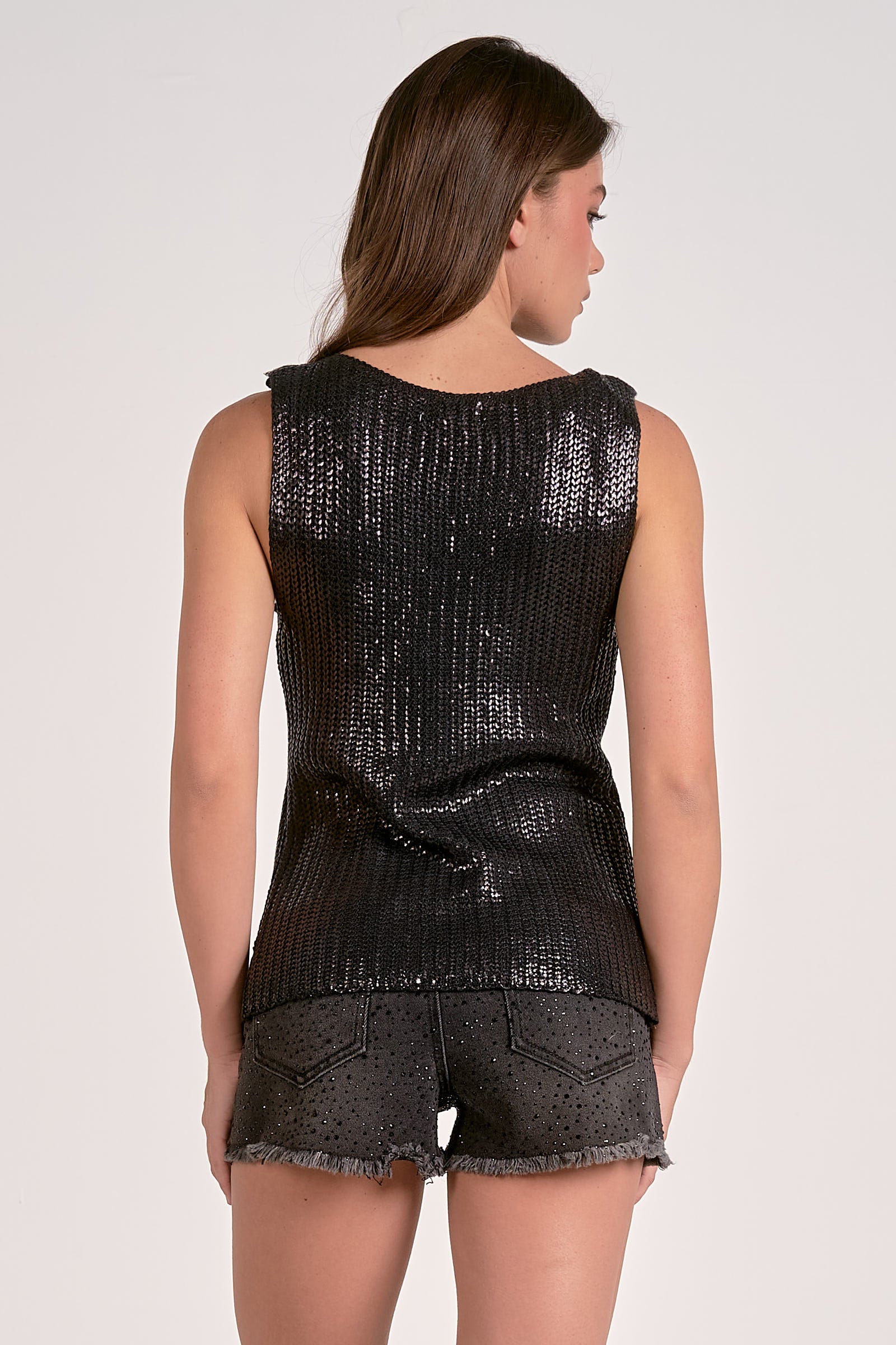 METALLIC SLEEVELESS CREWNECK SWEATER IN BLACK BACK FRONT VIEW