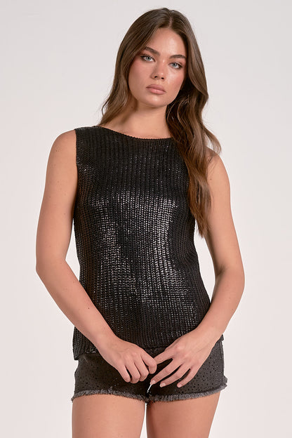 METALLIC SLEEVELESS CREWNECK SWEATER IN BLACK FRONT VIEW