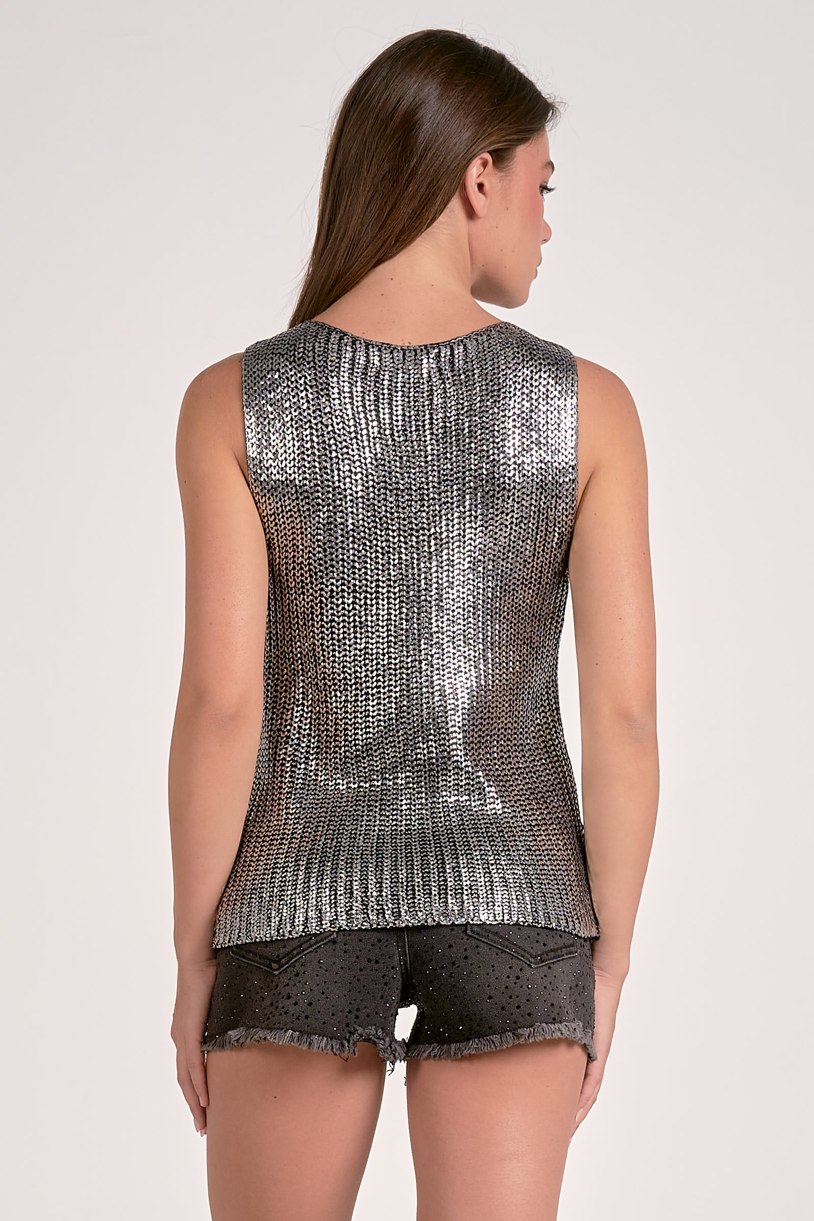 METALLIC SLEEVELESS CREWNECK SWEATER IN SILVER BACK VIEW