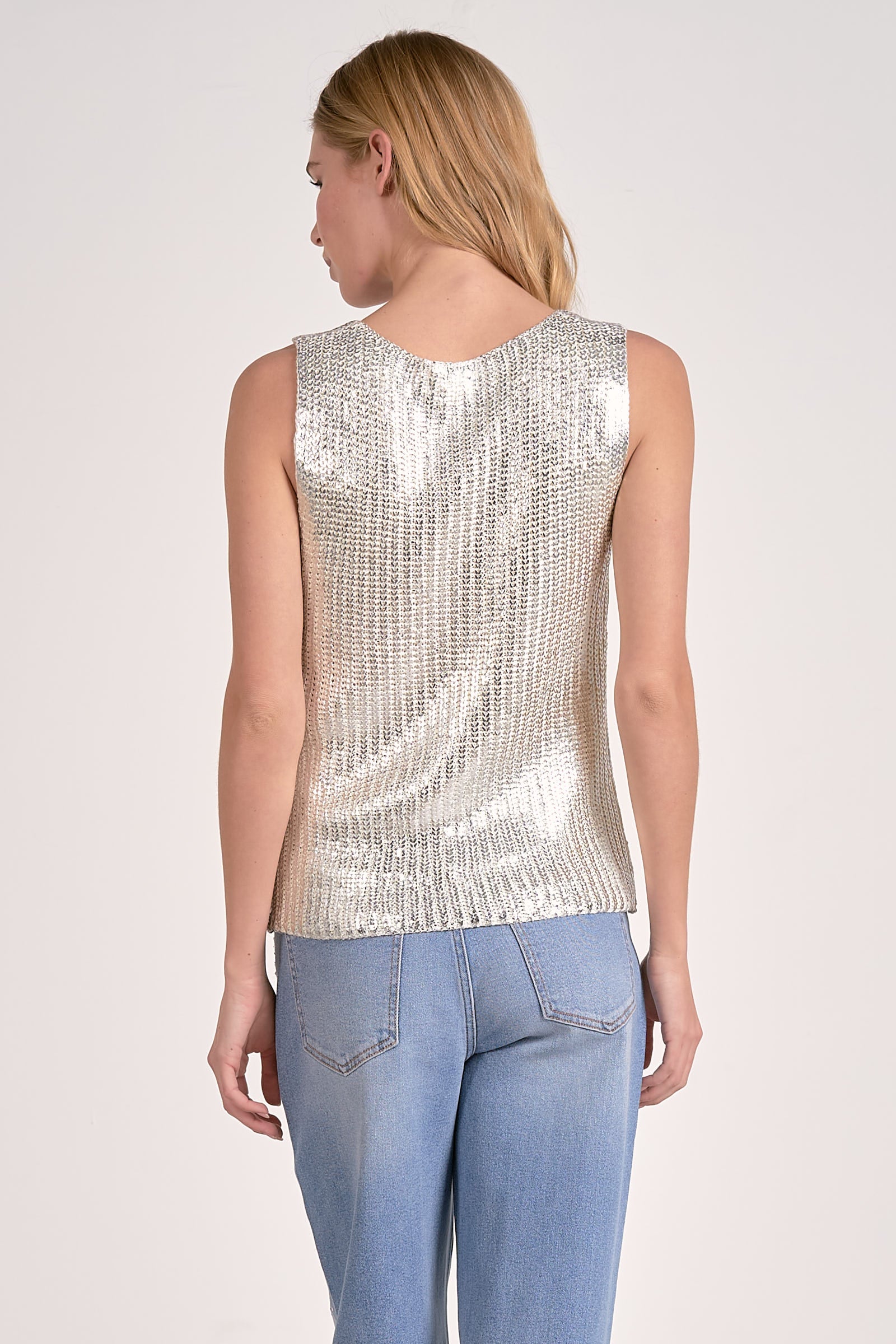 METALLIC SLEEVELESS CREWNECK SWEATER IN WHITE BACK VIEW