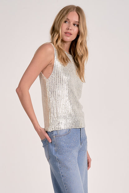 METALLIC SLEEVELESS CREWNECK SWEATER IN WHITE SIDE VIEW