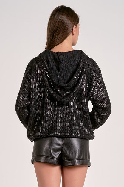 METALLIC SWEATER HOODIE IN BLACK BACK VIEW