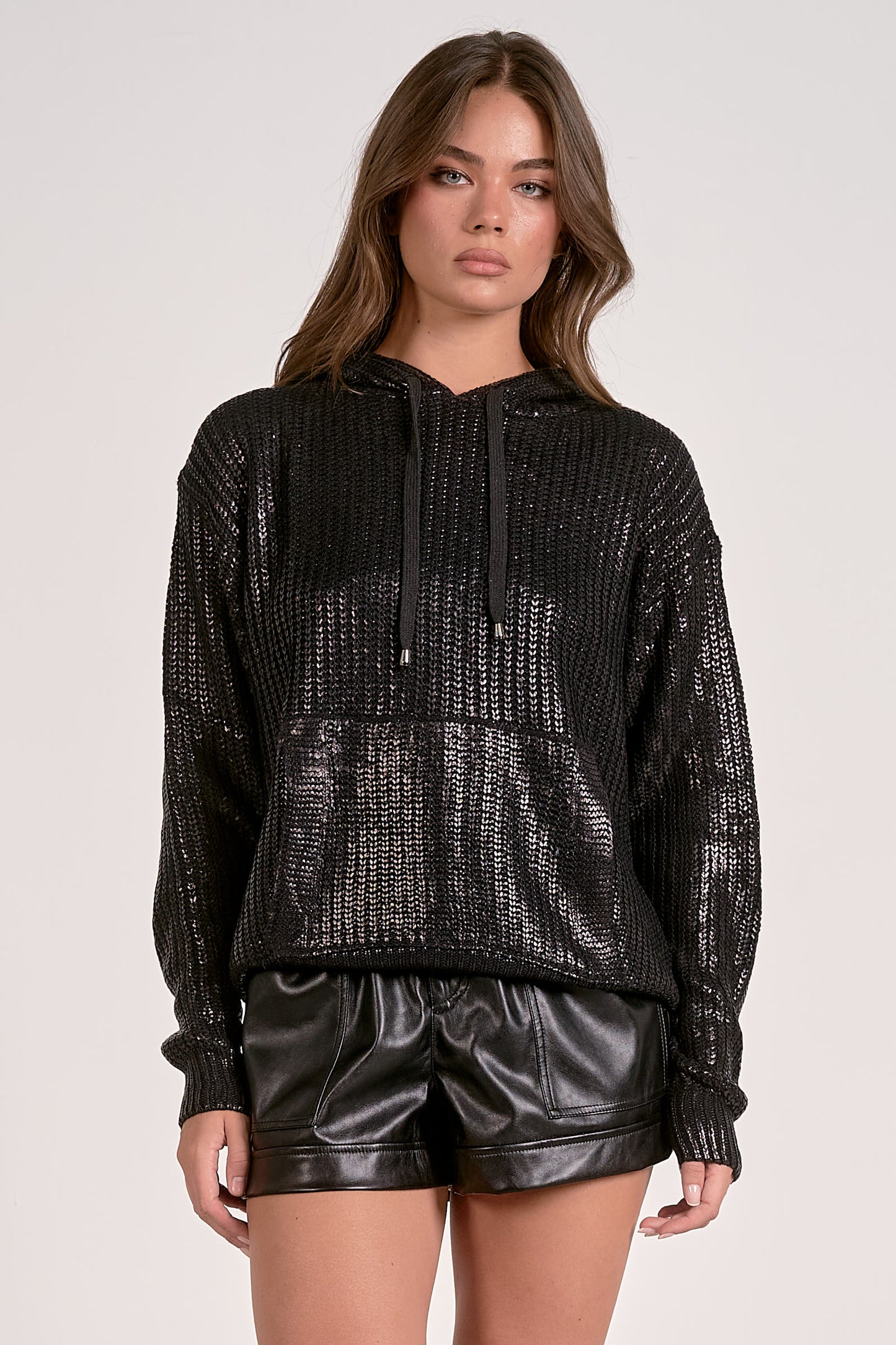METALLIC SWEATER HOODIE IN BLACK FRONT VIEW