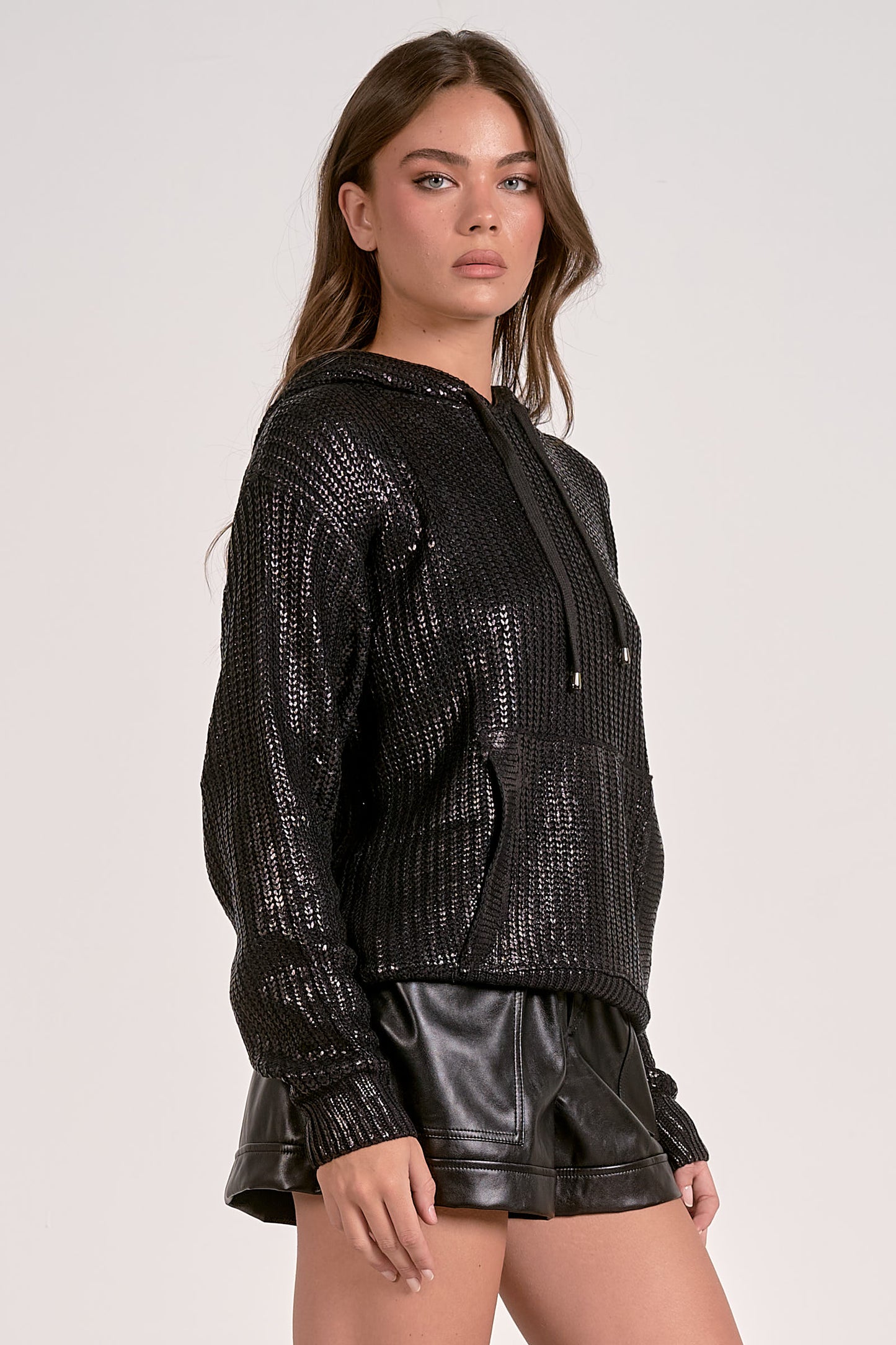 METALLIC SWEATER HOODIE IN BLACK SIDE VIEW
