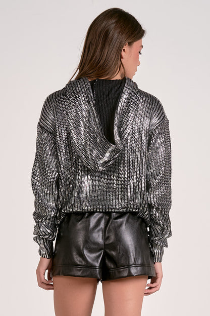 METALLIC SWEATER HOODIE IN SILVER BACK VIEW