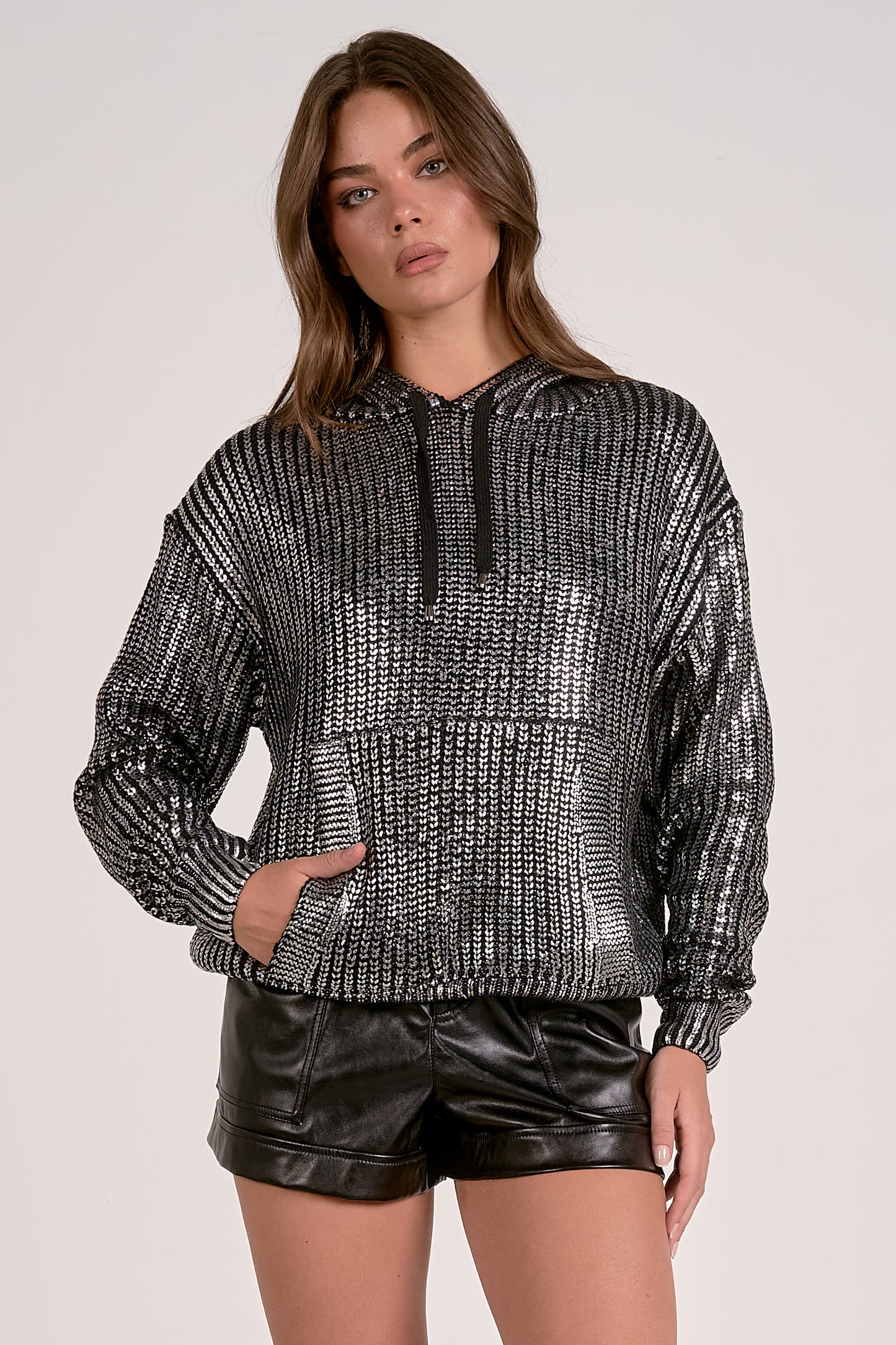 METALLIC SWEATER HOODIE IN SILVER FRONT VIEW