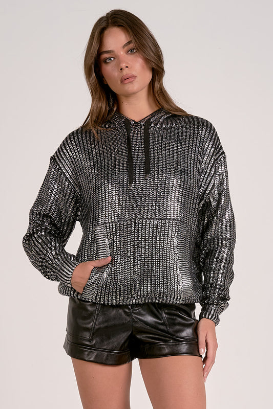 METALLIC SWEATER HOODIE IN SILVER FRONT VIEW
