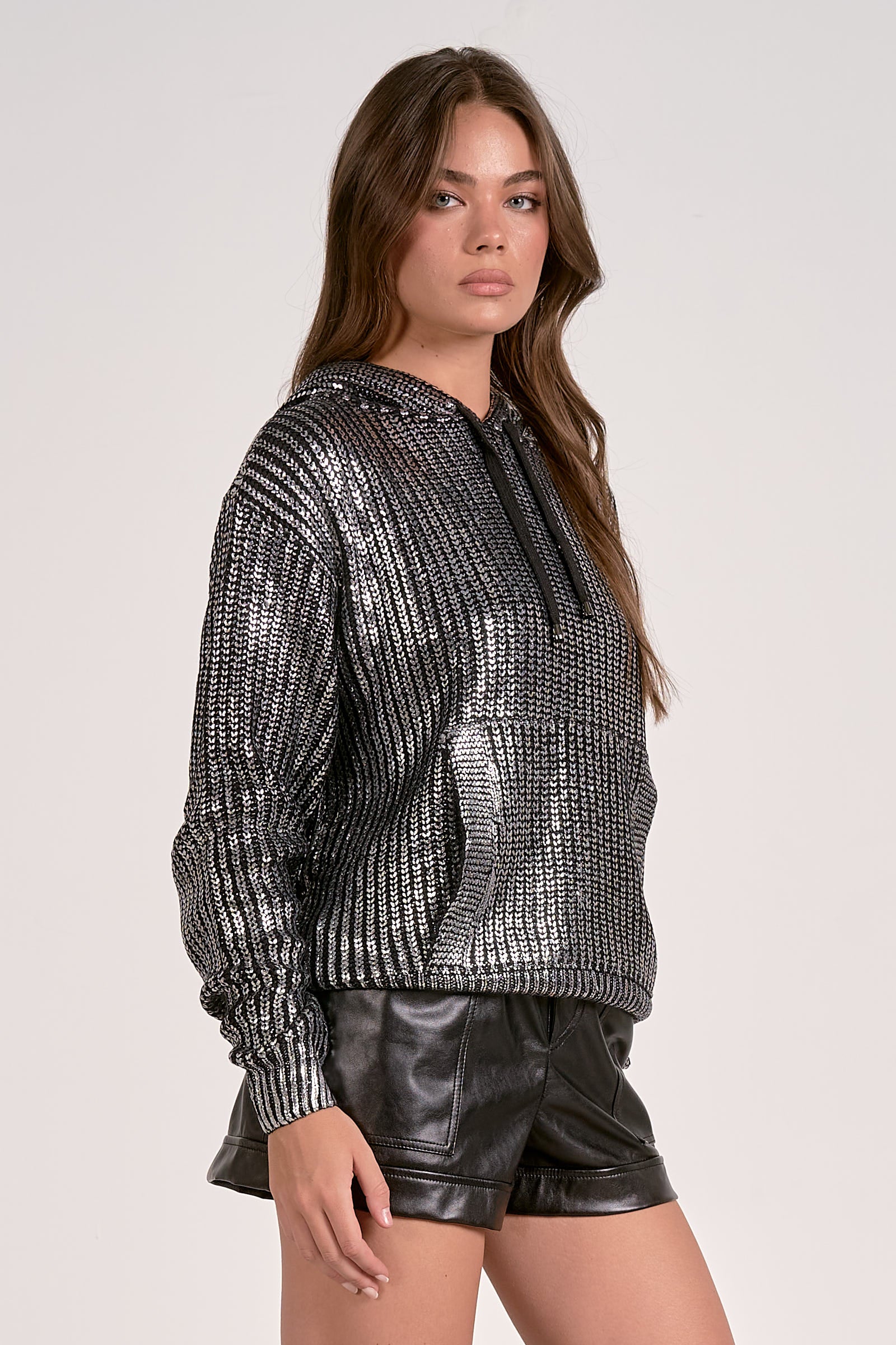 METALLIC SWEATER HOODIE IN SILVER SIDE VIEW