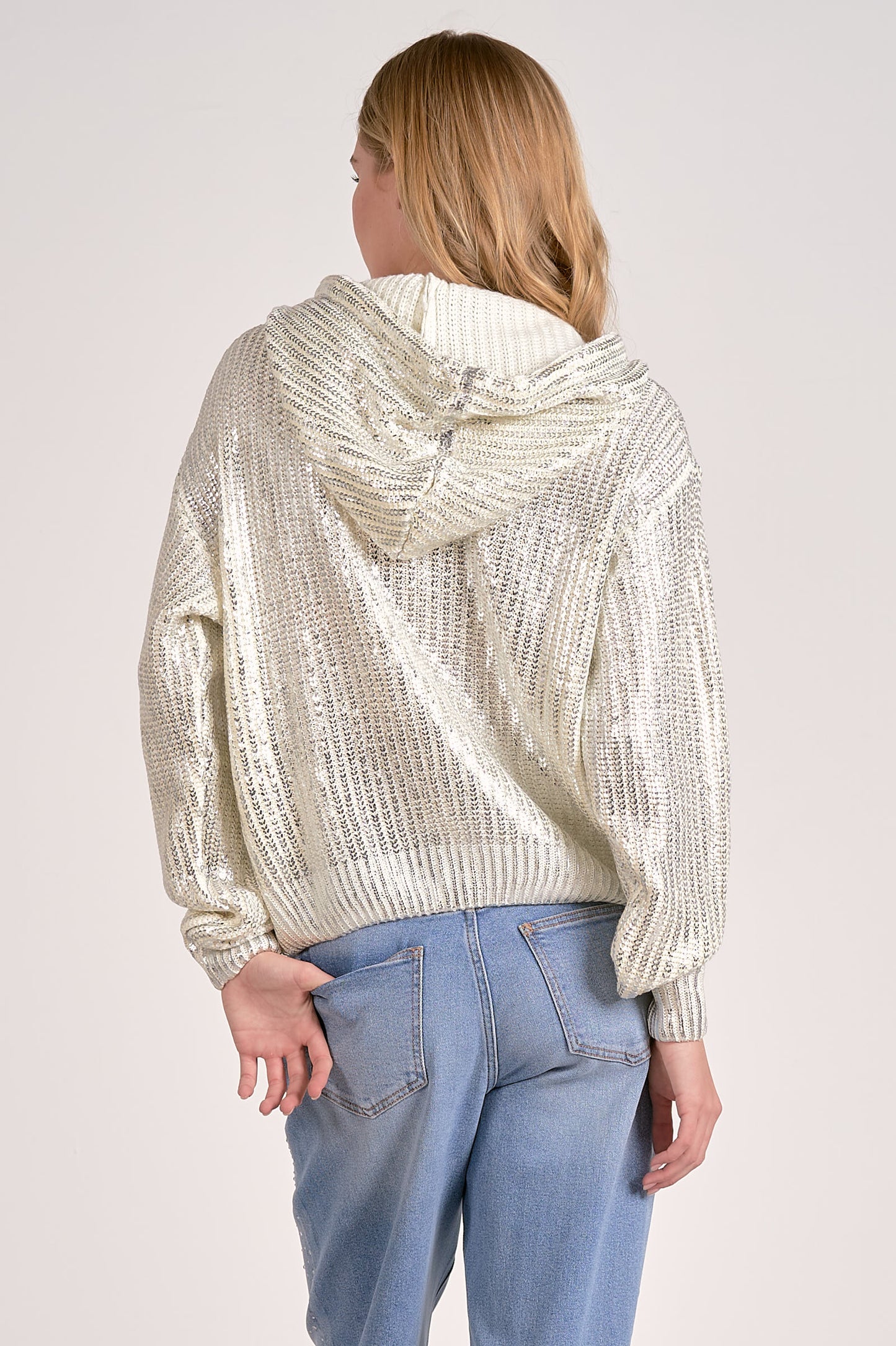 METALLIC SWEATER HOODIE IN WHITE BACK VIEW