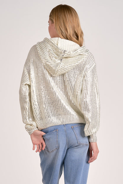 METALLIC SWEATER HOODIE IN WHITE BACK VIEW