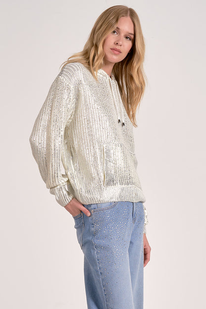 METALLIC SWEATER HOODIE IN WHITE SIDE VIEW
