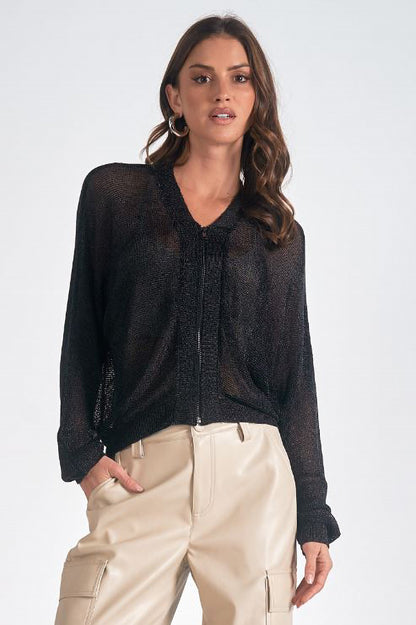 Metallic zip sweater in black