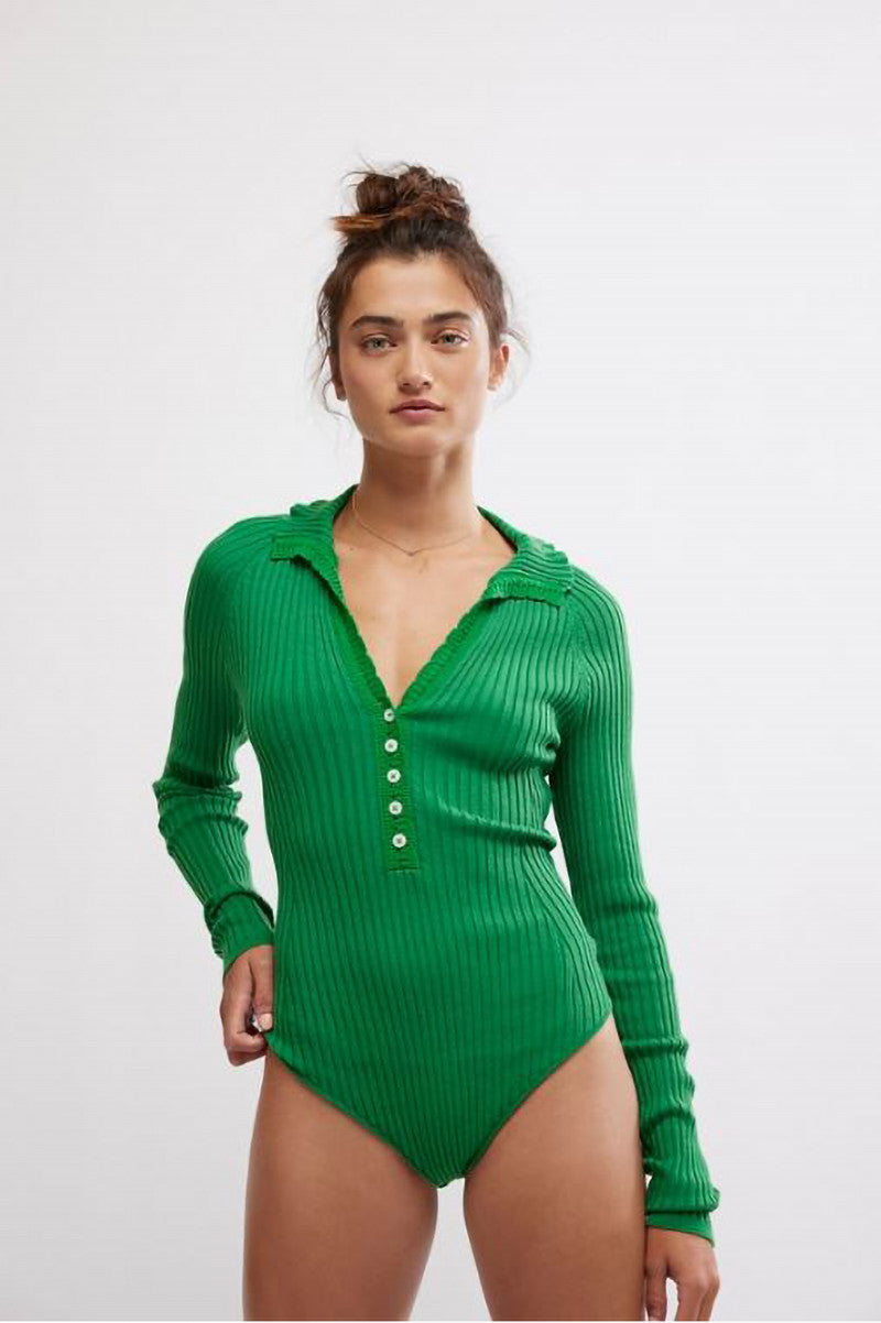 Long sleeve ready for it bodysuit in green front view
