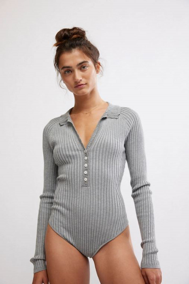 Long sleeve ready for it bodysuit in grey front view