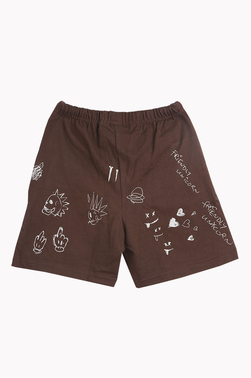 Friendly unicorn printed front shorts in brown back view