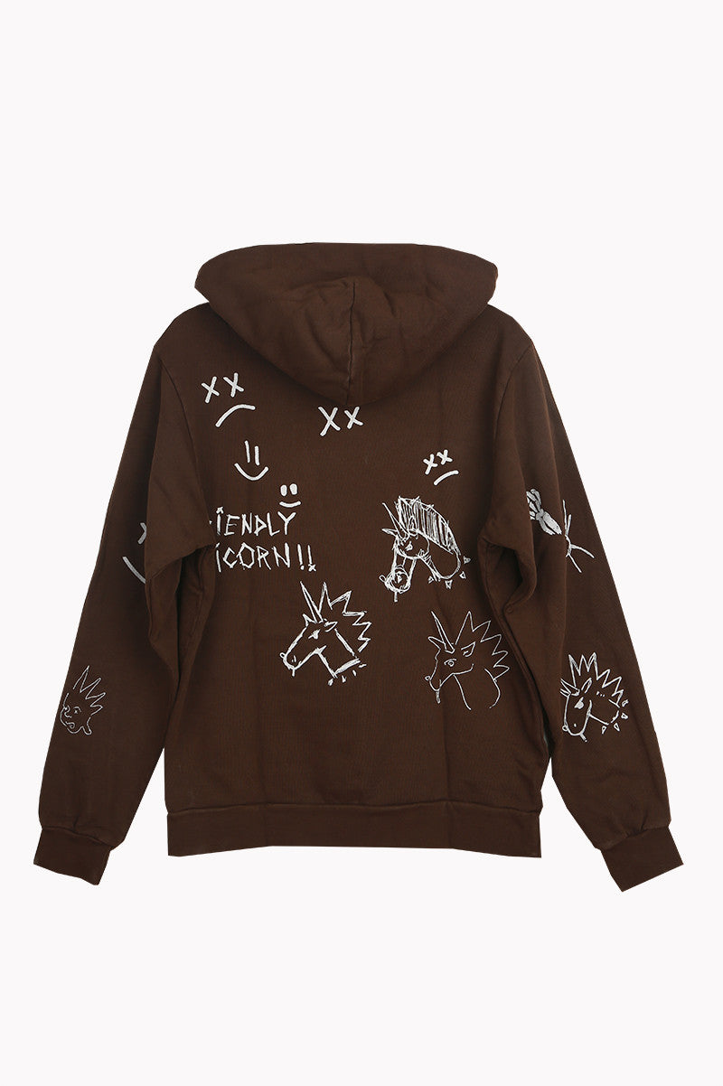 Printed unicorn hoodie in brown back view