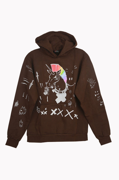 Printed unicorn hoodie in brown front view