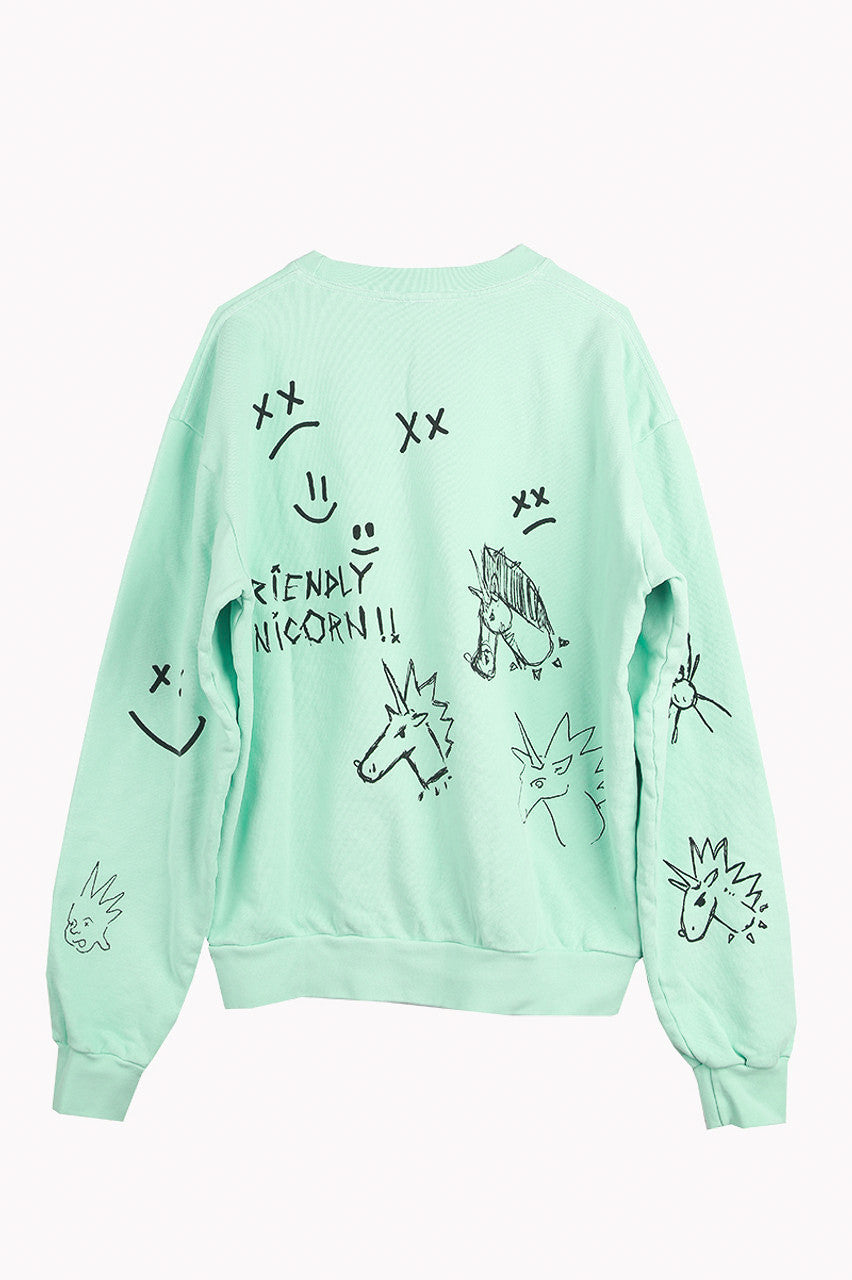 Front unicorn crewneck pullover in mint back view